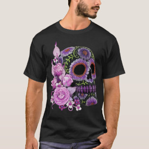 Roze Floral Black Sugar Skull Day of the Dead T-shirt