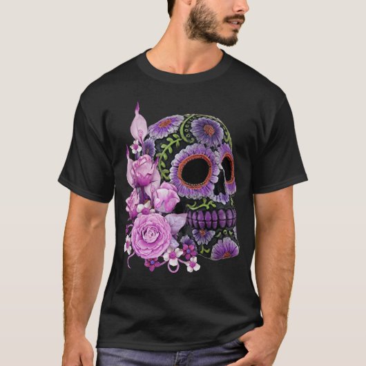 Roze Floral Black Sugar Skull Day of the Dead T-shirt (Voorkant)