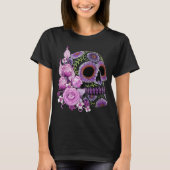 Roze Floral Black Sugar Skull Day of the Dead T-shirt (Voorkant)