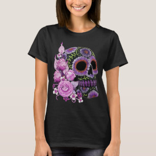 Roze Floral Black Sugar Skull Day of the Dead T-shirt