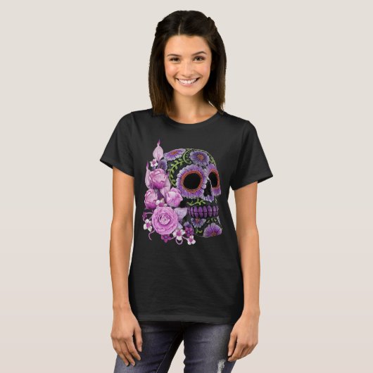 Roze Floral Black Sugar Skull Day of the Dead T-shirt (Voorkant volledig)