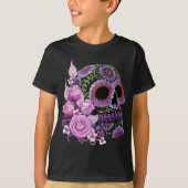 Roze Floral Black Sugar Skull Day of the Dead T-shirt (Voorkant)