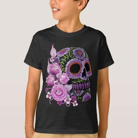 Roze Floral Black Sugar Skull Day of the Dead T-shirt (Voorkant)