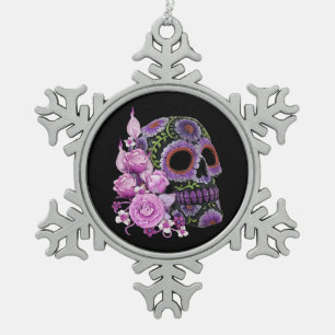 Roze Floral Black Sugar Skull Day of the Dead Tin Sneeuwvlok Ornament