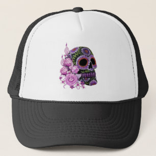 Roze Floral Black Sugar Skull Day of the Dead Trucker Pet