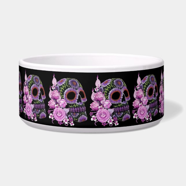 Roze Floral Black Sugar Skull Day of the Dead Voerbakje (Voorkant)