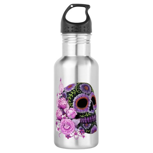 Roze Floral Black Sugar Skull Day of the Dead Waterfles (Voorkant)