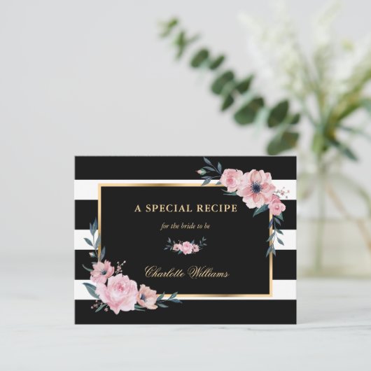 Roze Floral Black Vrijgezellenfeest Recipcard Briefkaart (Staand voorkant)