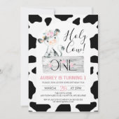 Roze Floral Black White Koe Afdrukken 1e verjaarda Kaart (Voorkant)