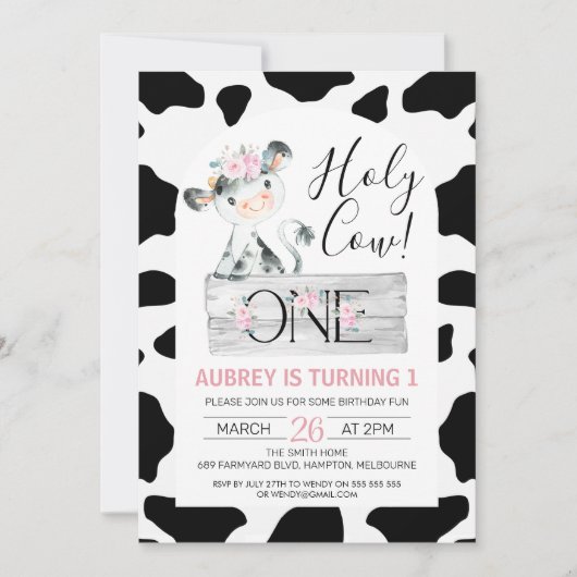 Roze Floral Black White Koe Afdrukken 1e verjaarda Kaart (Voorkant)