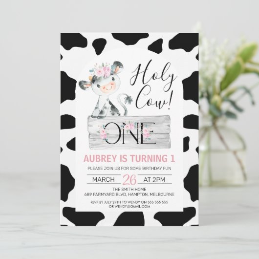 Roze Floral Black White Koe Afdrukken 1e verjaarda Kaart (Staand voorkant)