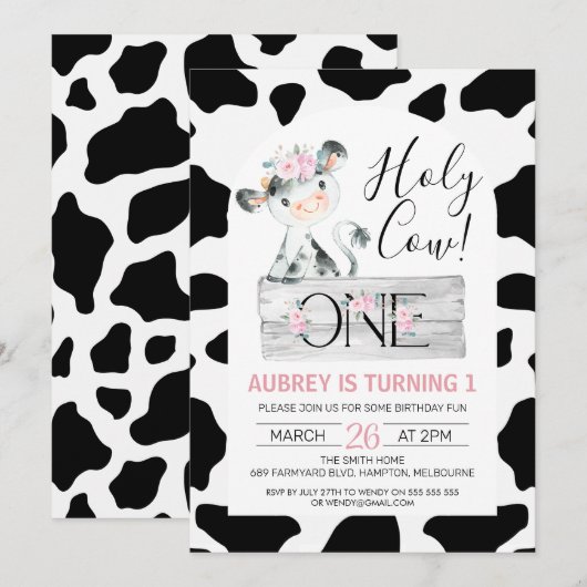 Roze Floral Black White Koe Afdrukken 1e verjaarda Kaart (Voorkant / Achterkant)