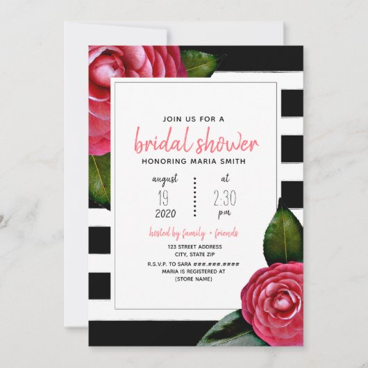 Roze Floral Black + White Stripe Vrijgezellenfeest Kaart (Voorkant)