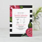Roze Floral Black + White Stripe Vrijgezellenfeest Kaart (Staand voorkant)
