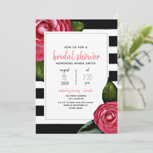 Roze Floral Black + White Stripe Vrijgezellenfeest Kaart (Staand voorkant)