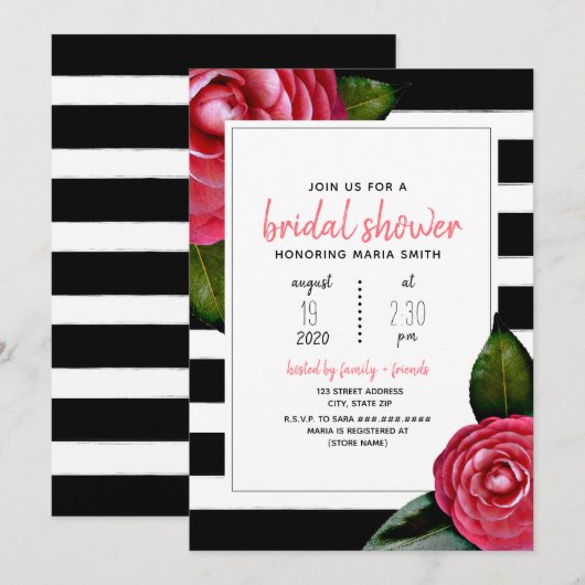 Roze Floral Black + White Stripe Vrijgezellenfeest Kaart (Voorkant / Achterkant)