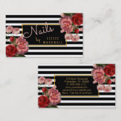 Roze Floral | Black White Stripes Nail Tech Visitekaartje (Voorkant / Achterkant)