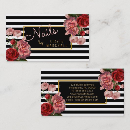 Roze Floral | Black White Stripes Nail Tech Visitekaartje (Voorkant / Achterkant)
