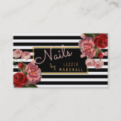 Roze Floral | Black White Stripes Nail Tech Visitekaartje (Voorkant)