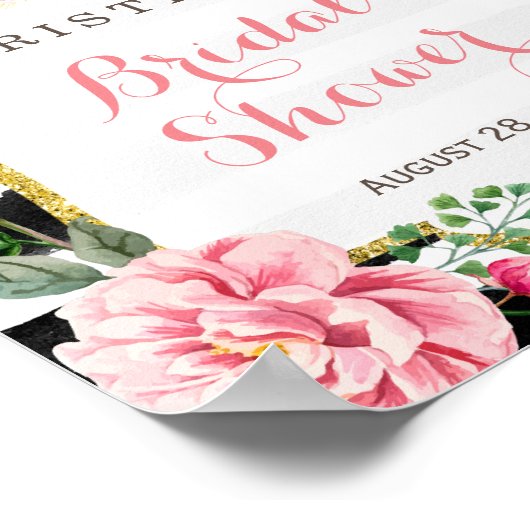 Roze Floral Black White Stripes Vrijgezellenfeest  Poster (Hoek)
