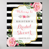 Roze Floral Black White Stripes Vrijgezellenfeest  Poster (Voorkant)