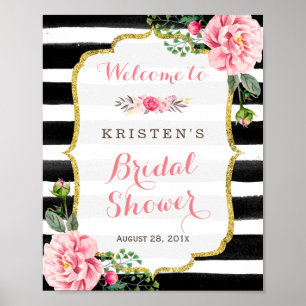 Roze Floral Black White Stripes Vrijgezellenfeest  Poster