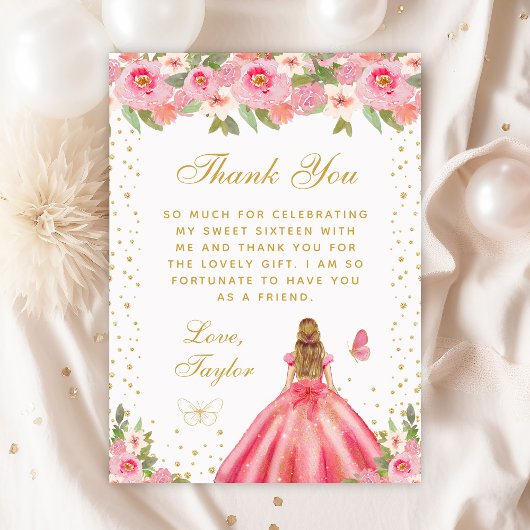 Roze Floral Blonde Hair Princess Sweet Sixteen Bedankkaart