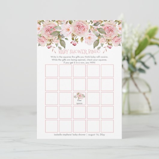 Roze Floral Blooms Baby shower Bingo Kaart (Staand voorkant)