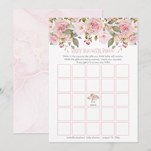 Roze Floral Blooms Baby shower Bingo Kaart (Voorkant / Achterkant)