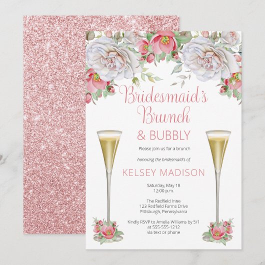 Roze Floral Blooms Bridesmaid's Brunch & Bubble Kaart (Voorkant / Achterkant)