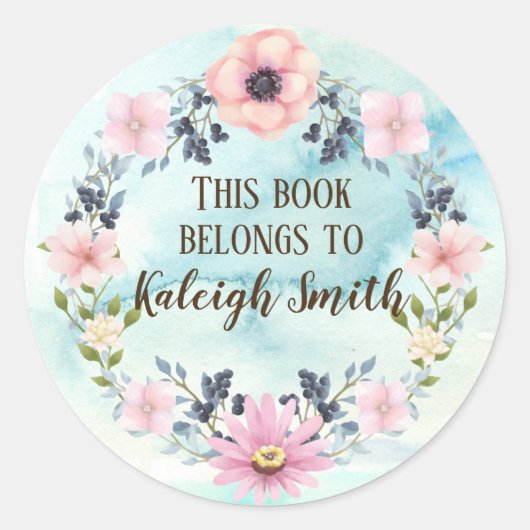 Roze Floral Blue Berry WreatWaterverf Name Ronde Sticker (Voorkant)