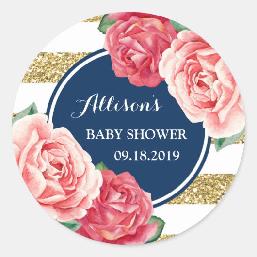Roze Floral Blue Gold Stripes Baby shower Label (Voorkant)