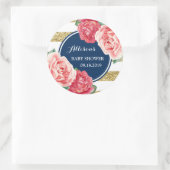 Roze Floral Blue Gold Stripes Baby shower Label (Tas)