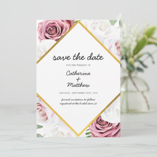 Roze Floral Blush Gold geometric Save The Date (Staand voorkant)