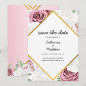 Roze Floral Blush Gold geometric Save The Date (Voorkant / Achterkant)