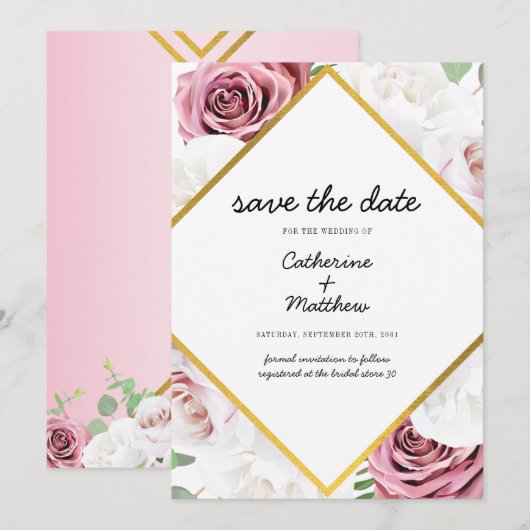 Roze Floral Blush Gold geometric Save The Date (Voorkant / Achterkant)