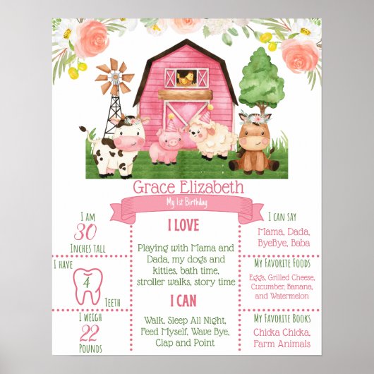 Roze Floral Boerderij 1st Birthday Milestone Poste Poster (Voorkant)