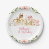 Roze Floral Boerderij Eerste verjaardag Bord papie (Voorkant)