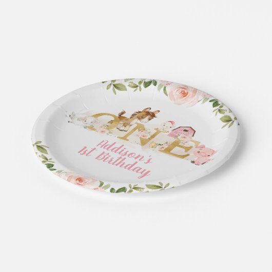 Roze Floral Boerderij Eerste verjaardag Bord papie (Gekanteld)