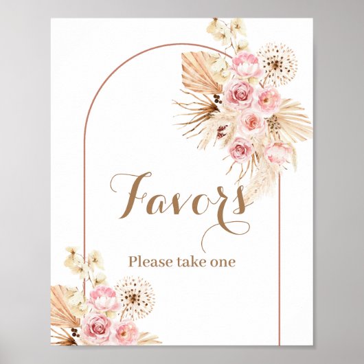 Roze Floral Boho Arch Pampas Grass Favor Sign Poster (Voorkant)