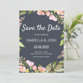Roze Floral Boho Dark Blue Save the Date (Staand voorkant)