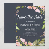 Roze Floral Boho Dark Blue Save the Date (Voorkant / Achterkant)