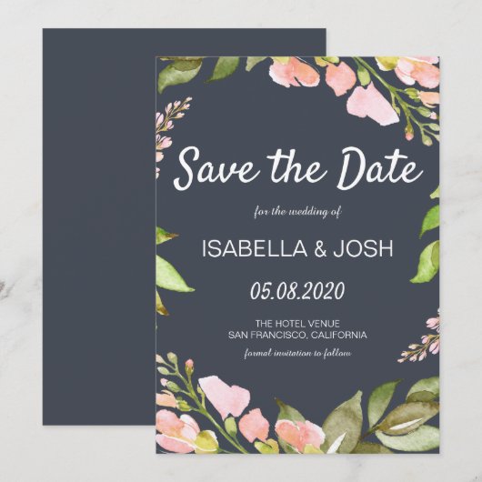 Roze Floral Boho Dark Blue Save the Date (Voorkant / Achterkant)