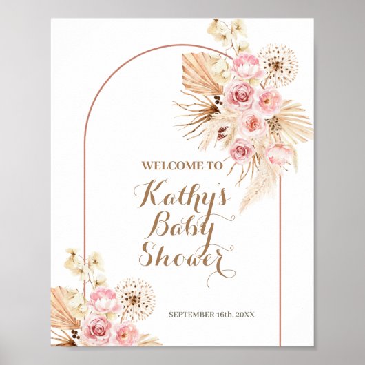 Roze Floral Boho Pampas Baby shower Welkomstteken Poster (Voorkant)
