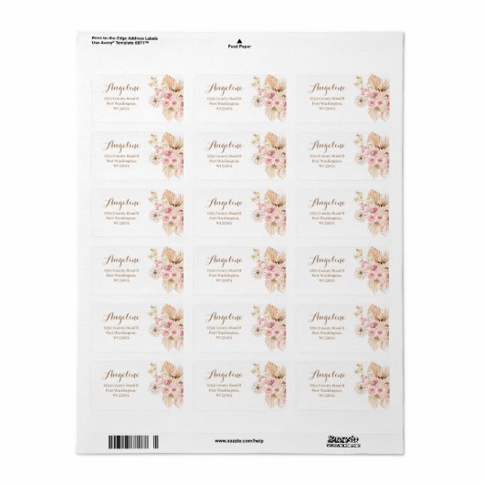 Roze Floral Boho Pampas Grass Adres Etiket (Full Sheet)