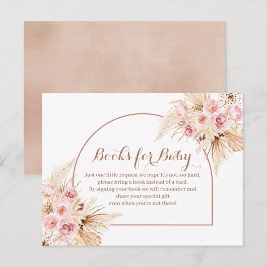 Roze Floral Boho Pampas Grass Boeken voor baby Uitnodiging Briefkaart (Voorkant / Achterkant)