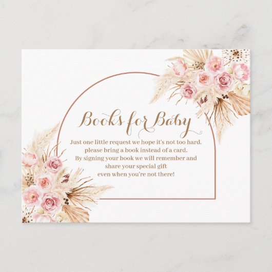 Roze Floral Boho Pampas Grass Boeken voor baby Uitnodiging Briefkaart (Voorkant)