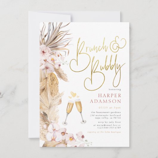 Roze Floral Boho Pampas Grass Brunch en Bubble Kaart (Voorkant)