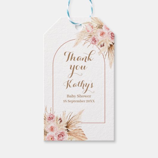 Roze Floral Boho Pampas Grass Dank u Label Cadeaulabel (Voorkant)