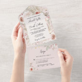 Roze Floral Boho Rustic met RSVP Wedding All In One Uitnodiging (Afscheurbaar)